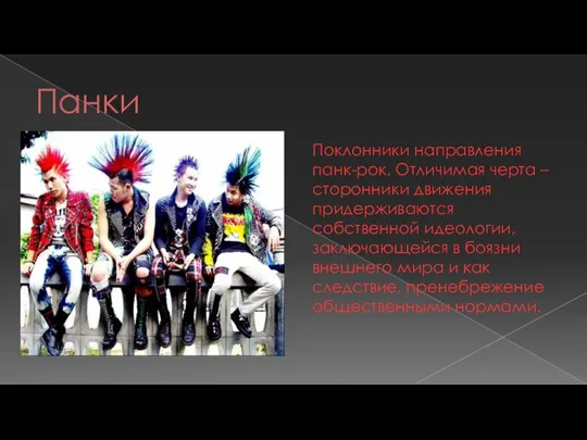 Панки Поклонники направления панк-рок. Отличимая черта – сторонники движения придерживаются собственной идеологии,