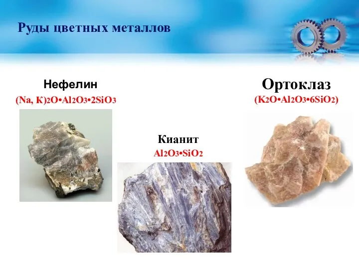 Нефелин (Na, К)2O•Al2O3•2SiO3 Кианит Al2O3•SiO2 Ортоклаз (K2O•Al2O3•6SiO2) Руды цветных металлов