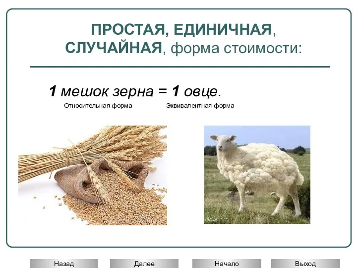 ПРОСТАЯ, ЕДИНИЧНАЯ, СЛУЧАЙНАЯ, форма стоимости: 1 мешок зерна = 1 овце. Относительная форма Эквивалентная форма