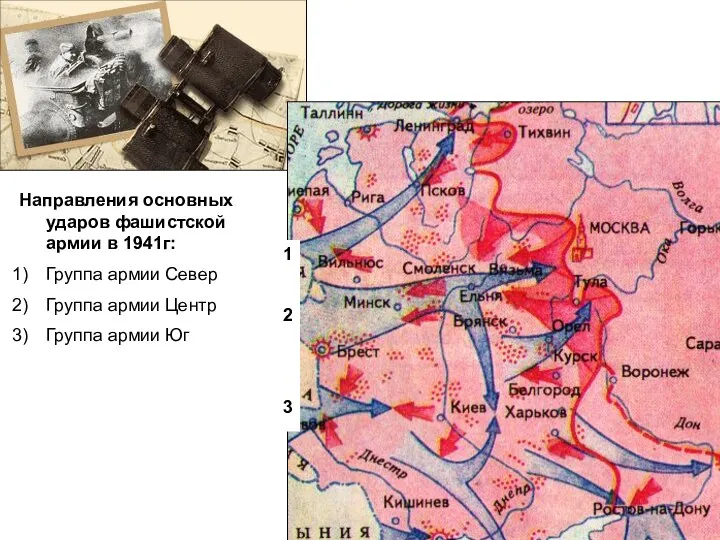 Направления основных ударов фашистской армии в 1941г: Группа армии Север Группа армии