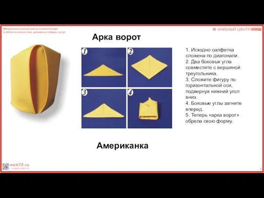 1. Исходно салфетка сложена по диагонали. 2. Два боковых угла совместите с