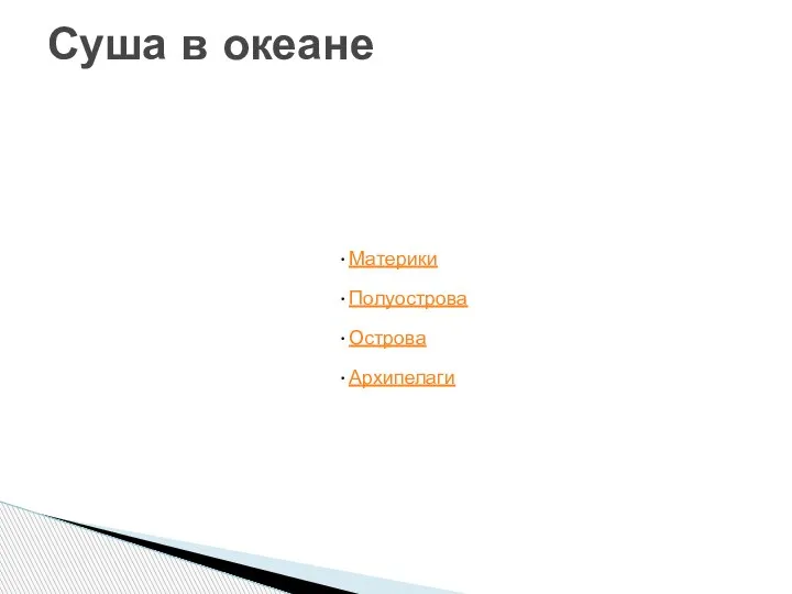 Суша в океане Материки Полуострова Острова Архипелаги