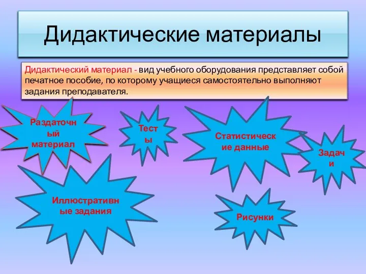 Дидактические материалы Дидактический материал - вид учебного оборудования представляет собой печатное пособие,