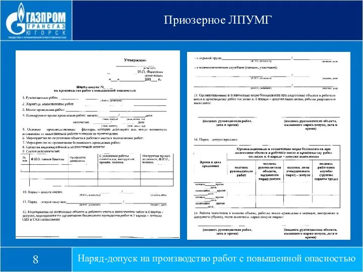 Приозерное ЛПУМГ Наряд-допуск на производство работ с повышенной опасностью 8