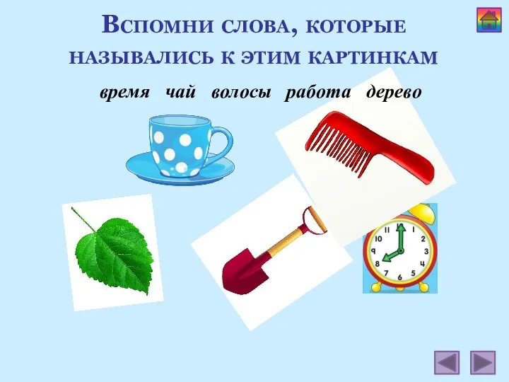 Вспомни слова, которые назывались к этим картинкам время чай волосы работа дерево