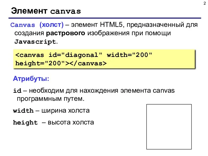 Элемент canvas Canvas (холст) – элемент HTML5, предназначенный для создания растрового изображения