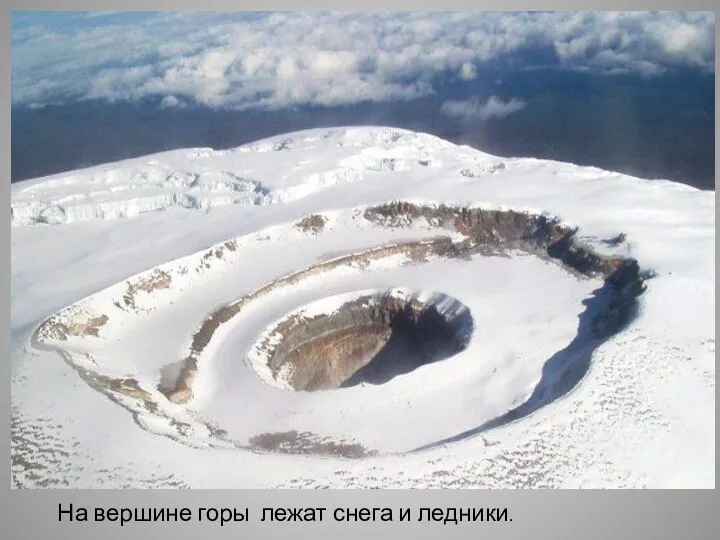 На вершине горы лежат снега и ледники.