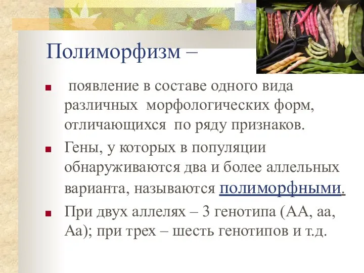 Полиморфизм – появление в составе одного вида различных морфологических форм, отличающихся по