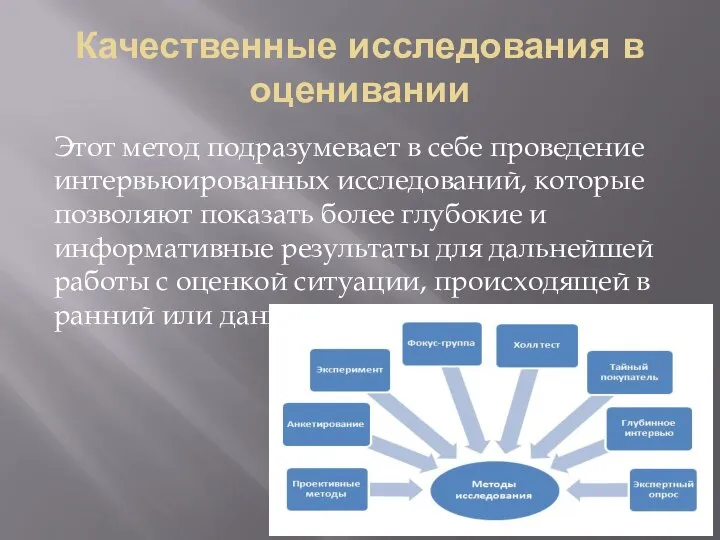 Качественные исследования в оценивании Этот метод подразумевает в себе проведение интервьюированных исследований,