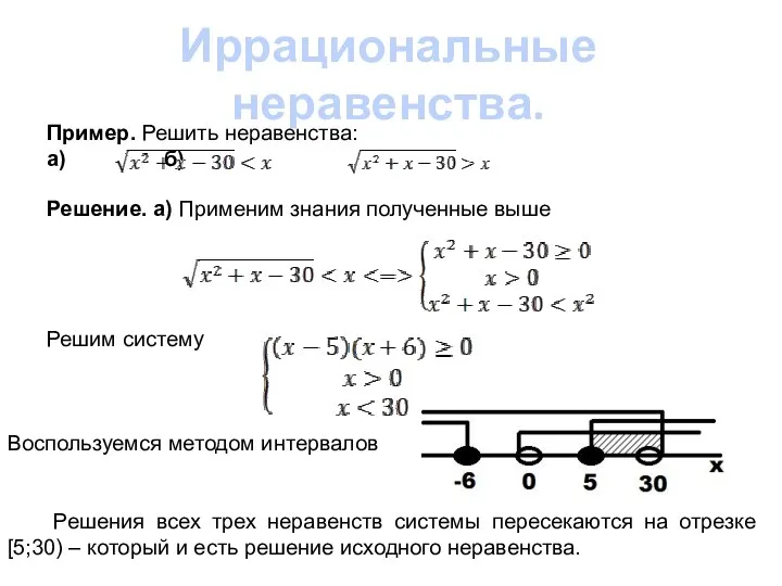 Иррациональные неравенства. Пример. Решить неравенства: а) б) Решение. а) Применим знания полученные