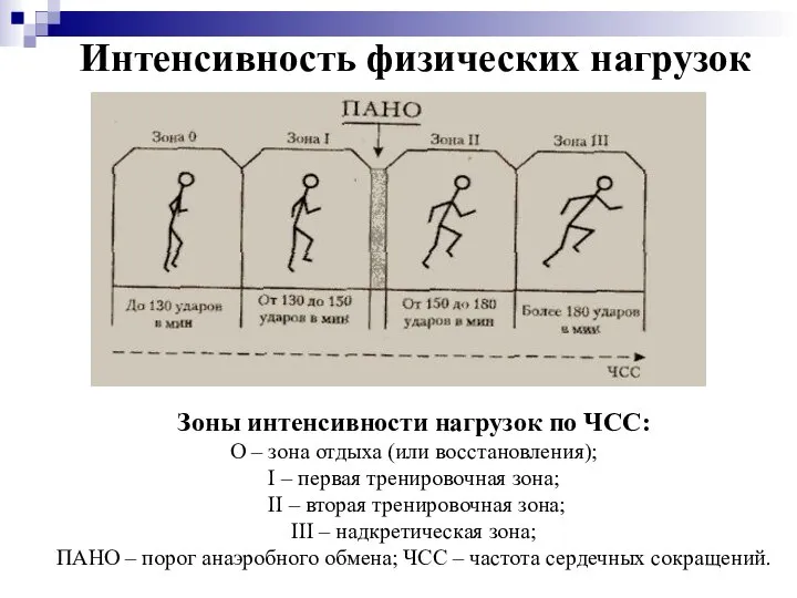 Интенсивность физических нагрузок Зоны интенсивности нагрузок по ЧСС: О – зона отдыха