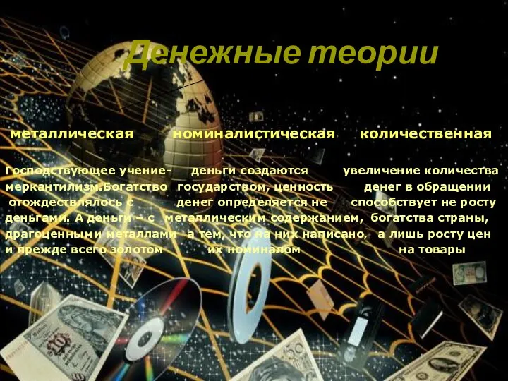 Денежные теории металлическая номиналистическая количественная Господствующее учение- деньги создаются увеличение количества меркантилизм.Богатство