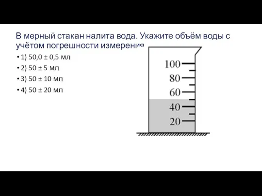 В мерный стакан налита вода. Укажите объём воды с учётом погрешности измерения.