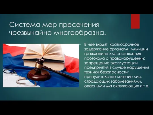 Система мер пресечения чрезвычайно многообразна. В нее входят: краткосрочное задержание органами милиции