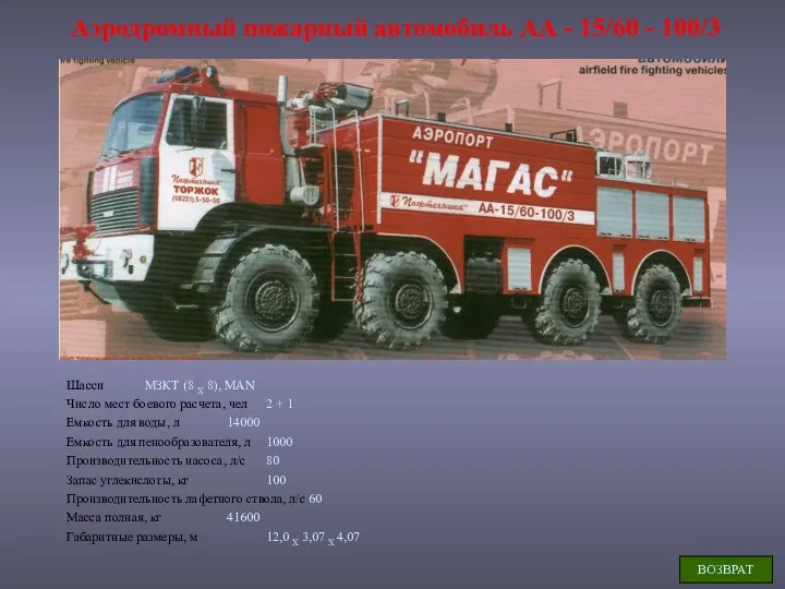 Аэродромный пожарный автомобиль АА - 15/60 - 100/3 Шасси МЗКТ (8 X