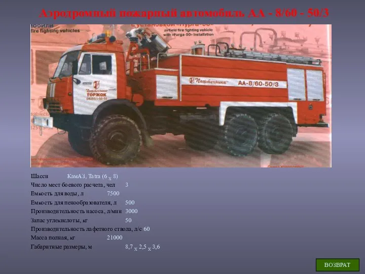 Аэродромный пожарный автомобиль АА - 8/60 - 50/3 Шасси КамАЗ, Tatra (6