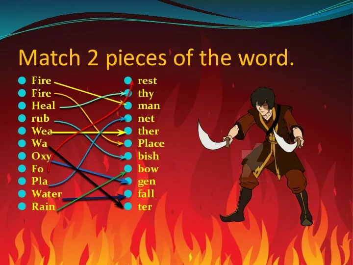 Match 2 pieces of the word. Fire Fire Heal rub Wea Wa