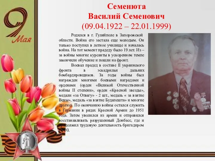 Семенюта Василий Семенович (09.04.1922 – 22.01.1999) Родился в г. Гуляйполе в Запорожской