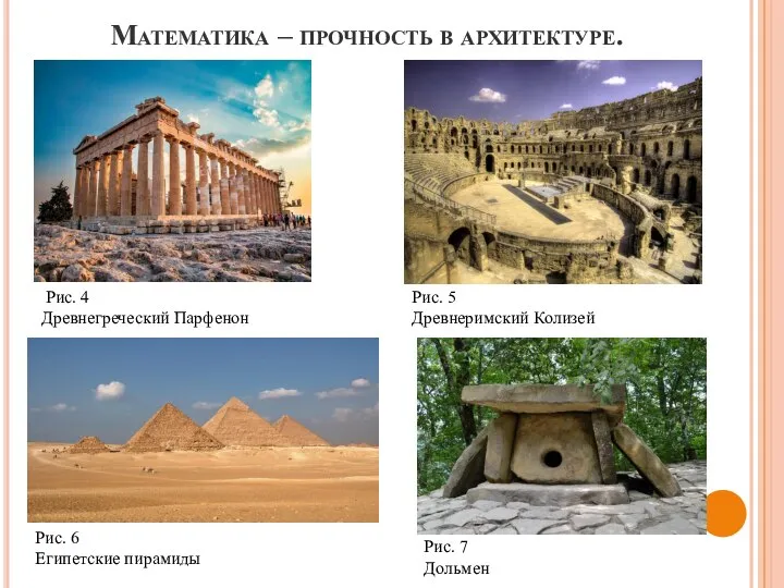 Математика – прочность в архитектуре. Рис. 4 Древнегреческий Парфенон Рис. 5 Древнеримский