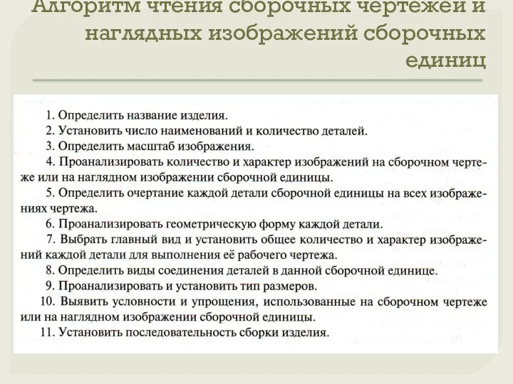 Алгоритм чтения сборочных чертежей и наглядных изображений сборочных единиц