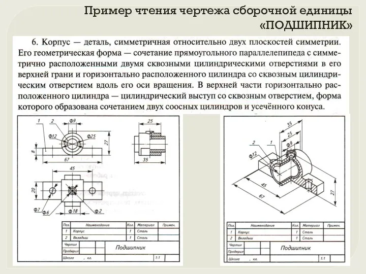 Пример чтения чертежа сборочной единицы «ПОДШИПНИК»