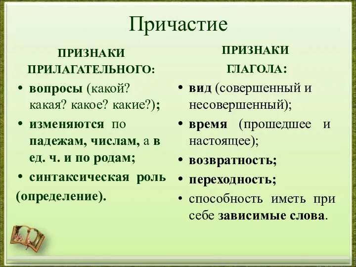 Причастие ПРИЗНАКИ ПРИЛАГАТЕЛЬНОГО: вопросы (какой? какая? какое? какие?); изменяются по падежам, числам,