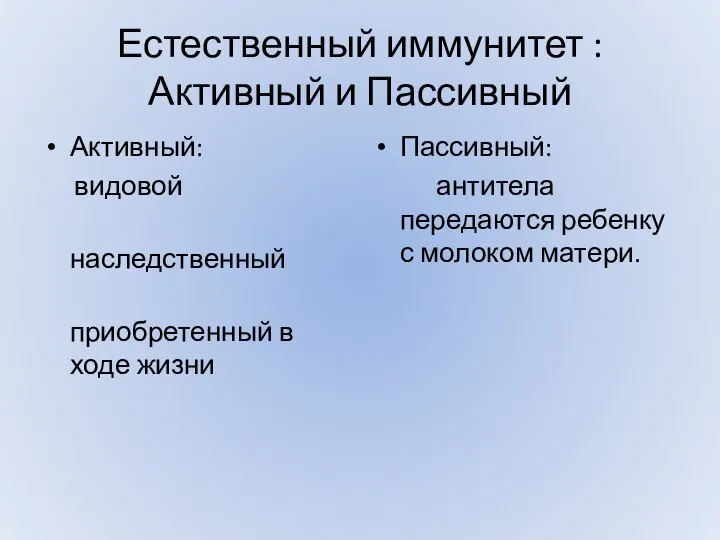 Естественный иммунитет : Активный и Пассивный Активный: видовой наследственный приобретенный в ходе