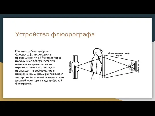 Устройство флюорографа Принцип работы цифрового флюорографа заключается в прохождении лучей Рентгена через