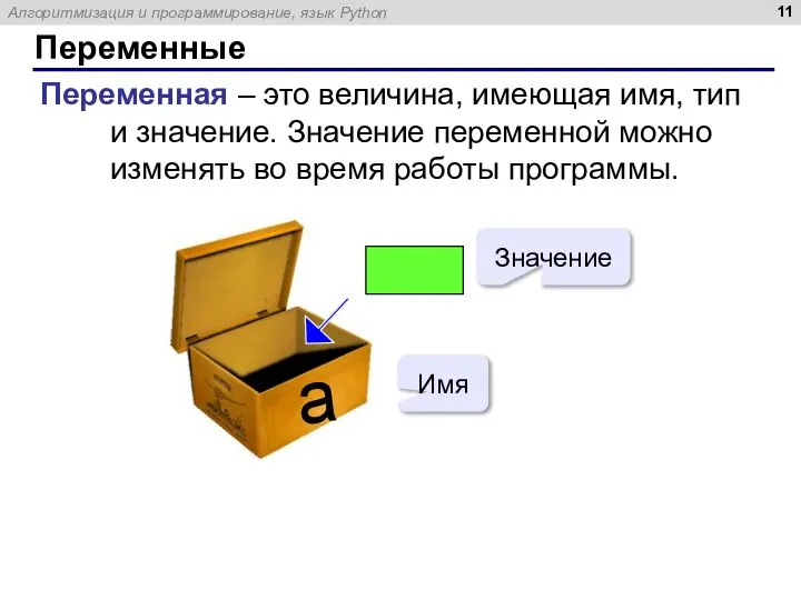 Переменные Переменная – это величина, имеющая имя, тип и значение. Значение переменной