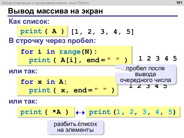 Вывод массива на экран Как список: print ( A ) [1, 2,