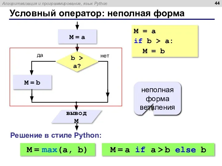 Условный оператор: неполная форма неполная форма ветвления M = a if b