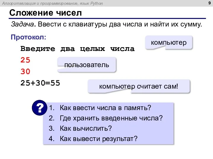 Сложение чисел Задача. Ввести с клавиатуры два числа и найти их сумму.