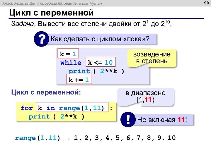 Цикл с переменной Задача. Вывести все степени двойки от 21 до 210.