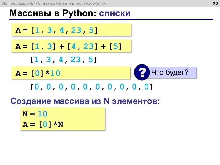Массивы в Python: списки A = [1, 3, 4, 23, 5] A