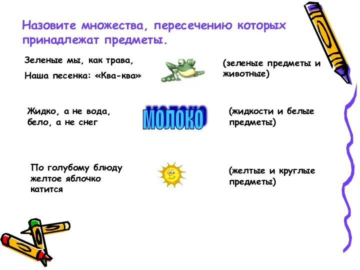 Назовите множества, пересечению которых принадлежат предметы. Зеленые мы, как трава, Наша песенка: