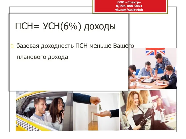 базовая доходность ПСН меньше Вашего планового дохода ПСН= УСН(6%) доходы ООО «Спектр» 8/904-888-0054 vk.com/spektrtob