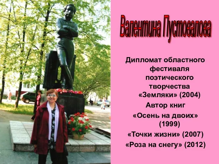 Дипломат областного фестиваля поэтического творчества «Земляки» (2004) Автор книг «Осень на двоих»