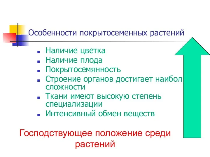 Особенности покрытосеменных растений Наличие цветка Наличие плода Покрытосемянность Строение органов достигает наибольшей