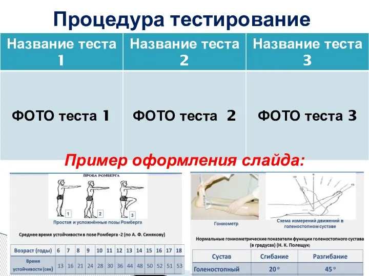 Процедура тестирование Пример оформления слайда: