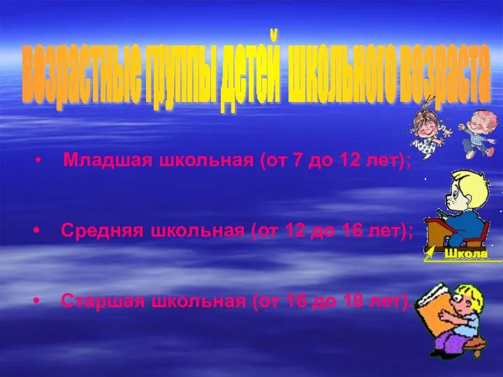 возрастные группы детей школьного возраста Младшая школьная (от 7 до 12 лет);