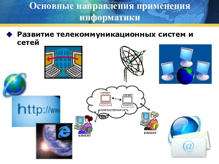 Основные направления применения информатики Развитие телекоммуникационных систем и сетей