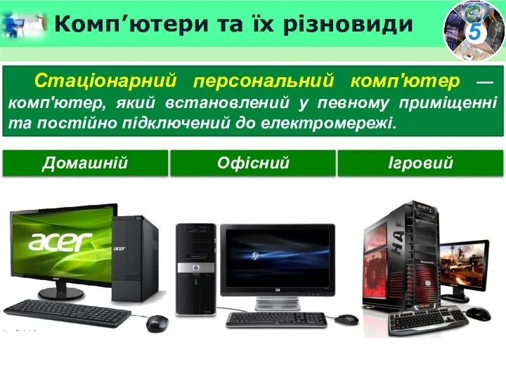 Комп’ютери та їх різновиди Стаціонарний персональний комп'ютер — комп'ютер, який встановлений у