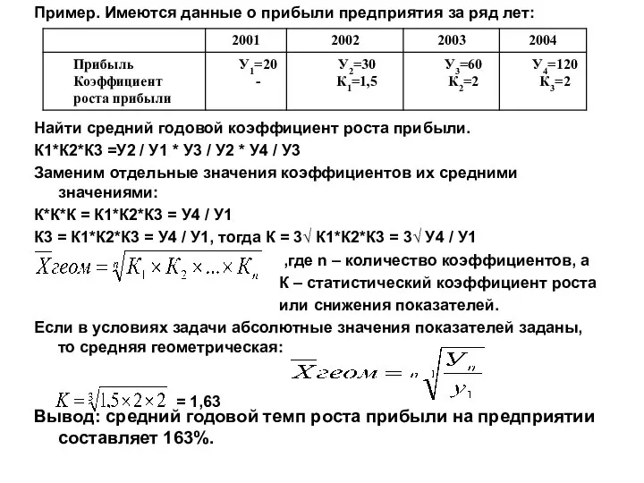 Пример. Имеются данные о прибыли предприятия за ряд лет: Найти средний годовой