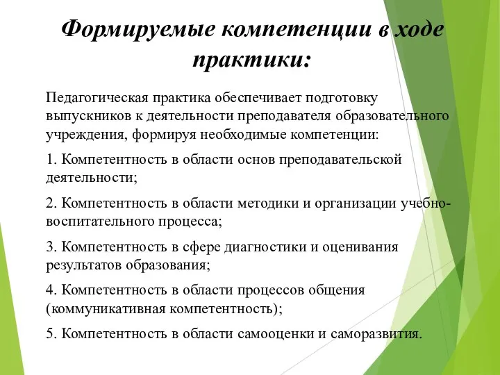 Формируемые компетенции в ходе практики: Педагогическая практика обеспечивает подготовку выпускников к деятельности