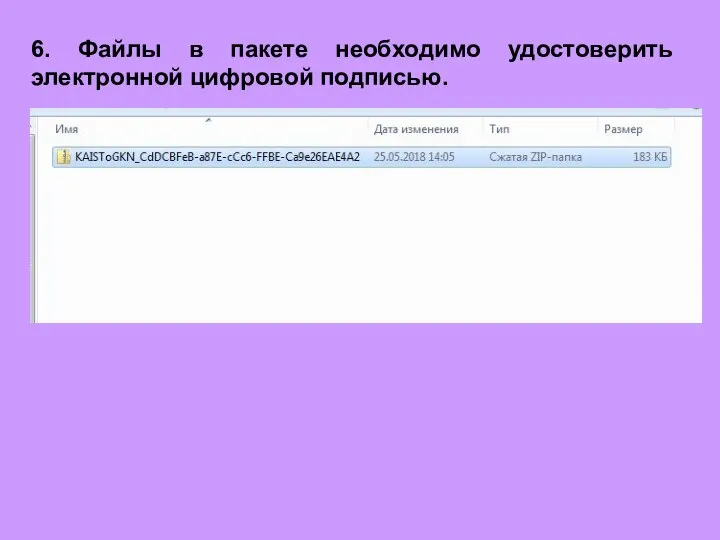 6. Файлы в пакете необходимо удостоверить электронной цифровой подписью.