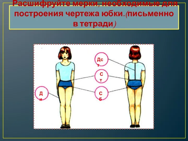 Расшифруйте мерки, необходимые для построения чертежа юбки.(письменно в тетради) Дст Ст Сб Ди