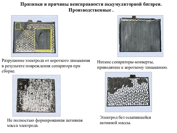 Признаки и причины неисправности аккумуляторной батареи. Производственные . Разрушение электрода от короткого