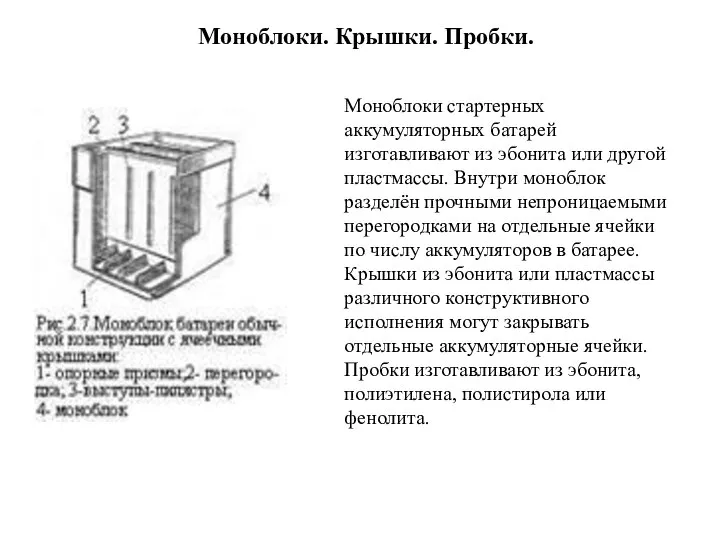 Моноблоки. Крышки. Пробки. Моноблоки стартерных аккумуляторных батарей изготавливают из эбонита или другой