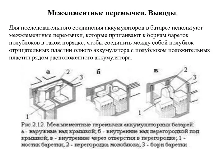 Межэлементные перемычки. Выводы. Для последовательного соединения аккумуляторов в батарее используют межэлементные перемычки,