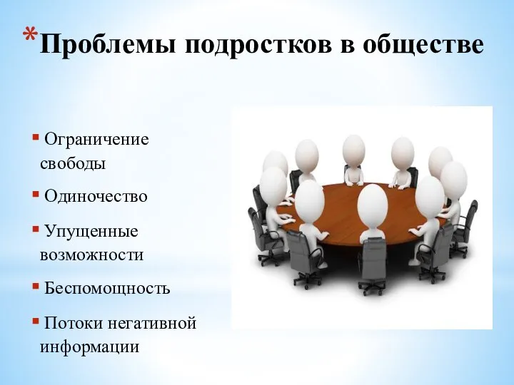 Проблемы подростков в обществе Ограничение свободы Одиночество Упущенные возможности Беспомощность Потоки негативной информации